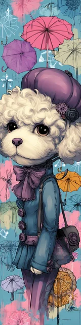 Free dog bookmarks featuring a curly haired dog with umbrellas